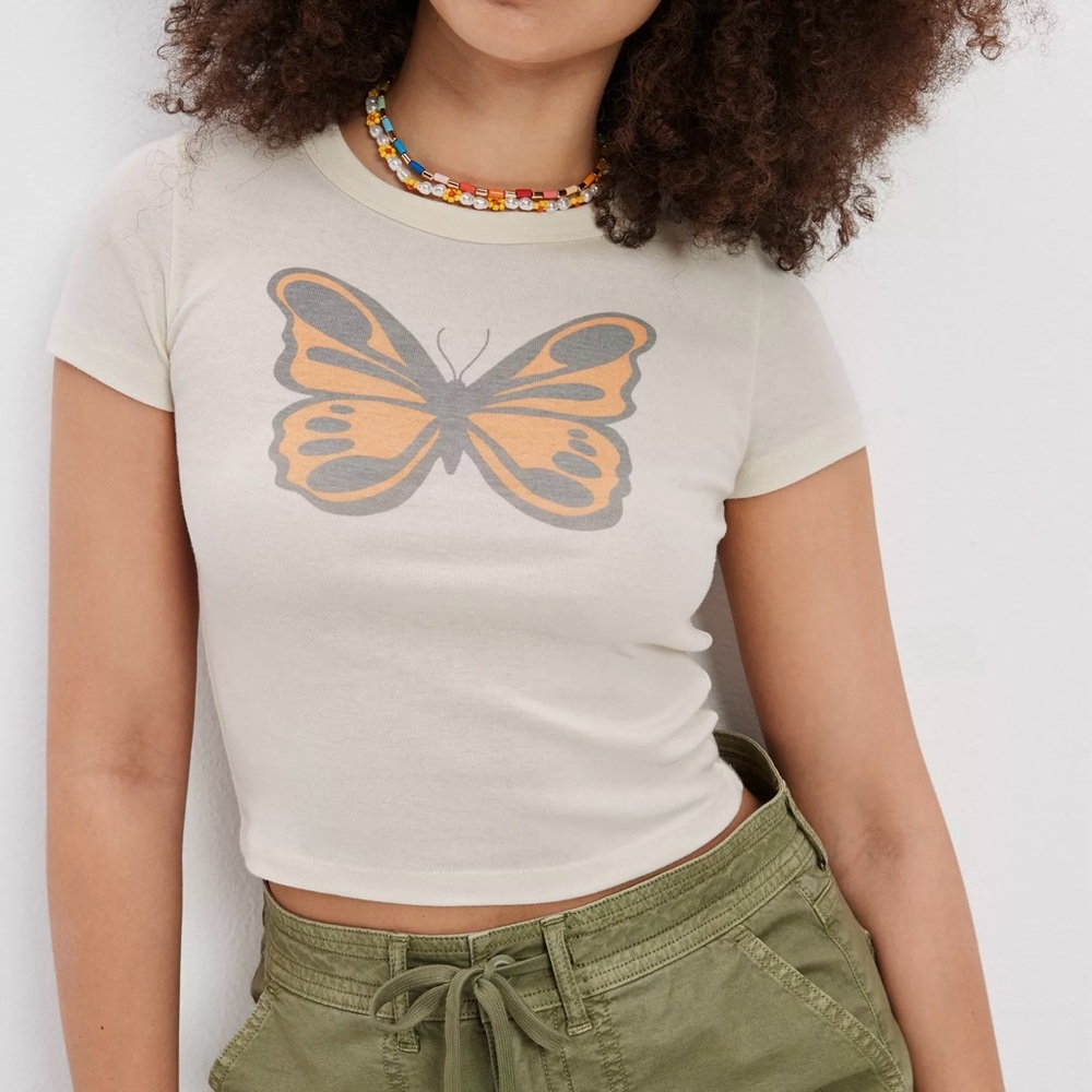 NWOT AE Cropped Hey Baby Ringer Tee Crop Top Short Sleeve Monarch Butterfly